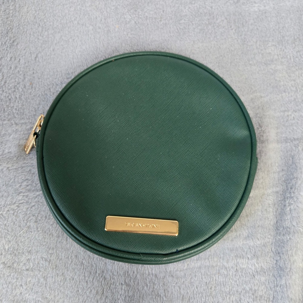 Tartan + Twine Dark Green Round Makeup Bag Gold Hardware Cosmetic Pouch 8 Inch